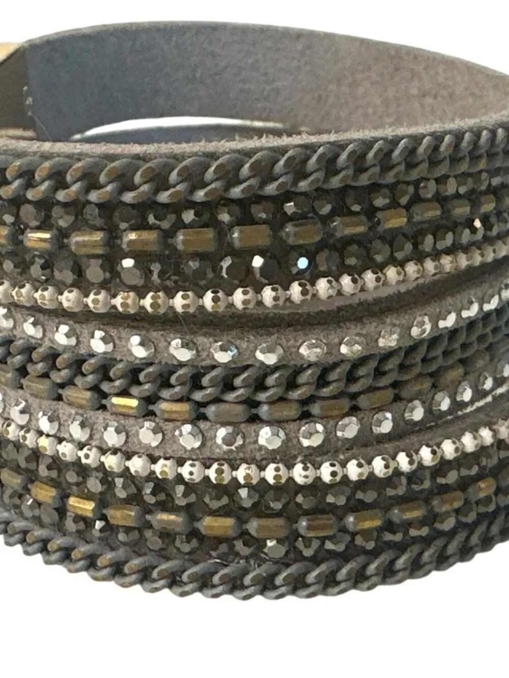 Beaded Wrap Bracelet Turnlock Clasp Gray Faux Leather & Metallic Studs Goth